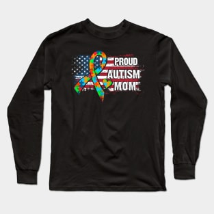 Autism Awareness T-Shirt Pround Autism Mom Vintage USA Flag Gift Long Sleeve T-Shirt